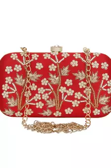 Anekaant Adorn Embellished Faux Silk Clutch Red & White