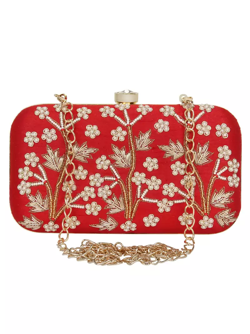 Anekaant Adorn Embellished Faux Silk Clutch Red & White