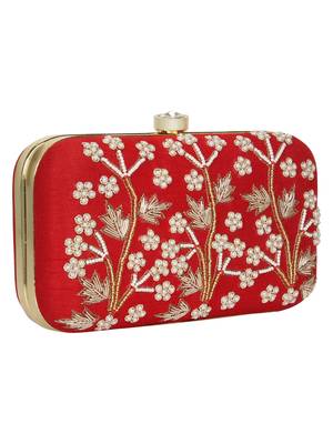 Anekaant Adorn Embellished Faux Silk Clutch Red & White 2