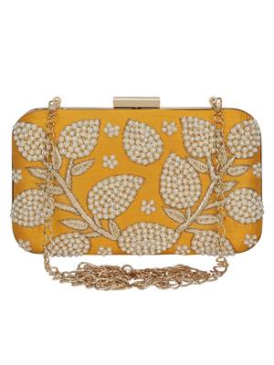 Anekaant Adorn Embellished Faux Silk Clutch Yellow & Pearl Gold 1