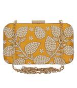 Anekaant Adorn Embellished Faux Silk Clutch Yellow & Pearl Gold