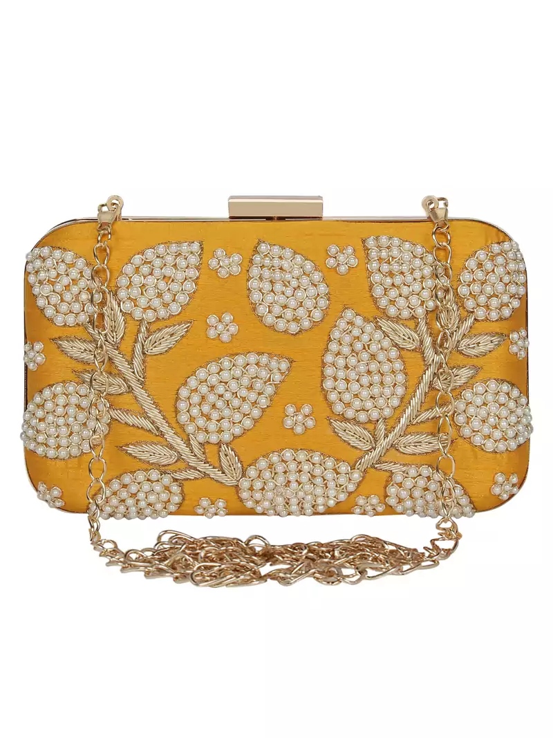 Anekaant Adorn Embellished Faux Silk Clutch Yellow & Pearl Gold