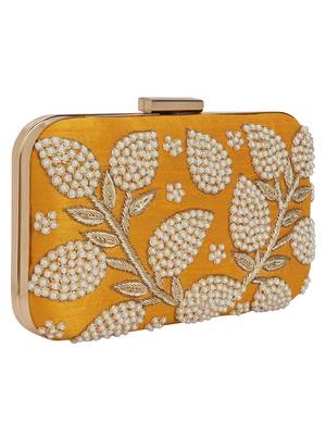 Anekaant Adorn Embellished Faux Silk Clutch Yellow & Pearl Gold 2