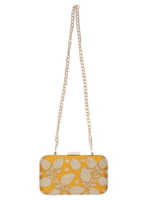 Anekaant Adorn Embellished Faux Silk Clutch Yellow & Pearl Gold 4