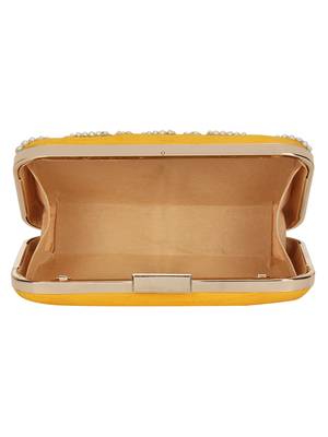 Anekaant Adorn Embellished Faux Silk Clutch Yellow & Pearl Gold 5