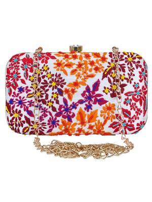 Anekaant Adorn Embroidered Faux Silk Clutch White & Multi 1