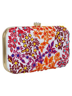Anekaant Adorn Embroidered Faux Silk Clutch White & Multi 2