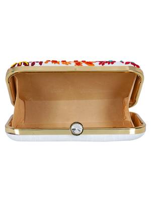 Anekaant Adorn Embroidered Faux Silk Clutch White & Multi 5
