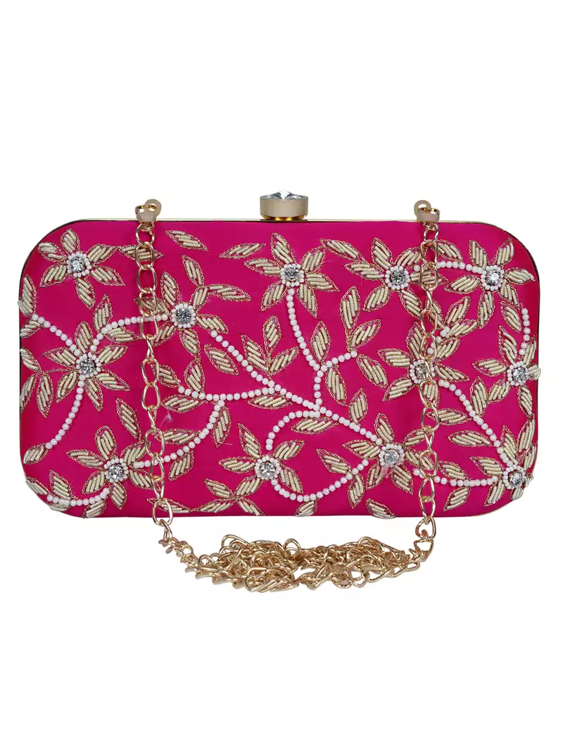 Anekaant Adorn Embellished Faux Silk Clutch Magenta Pink & Gold