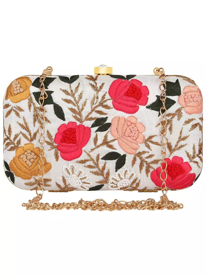 Anekaant Adorn Embroidered Faux Silk Clutch White & Multi