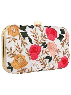 Adorn Embroidered Faux Silk Clutch White & Multi 2