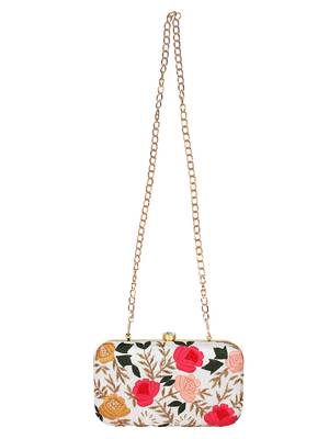 Adorn Embroidered Faux Silk Clutch White & Multi 4