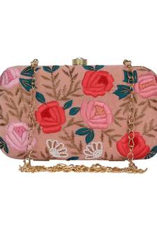 Adorn Embroidered Velvet Clutch Peach & Multi