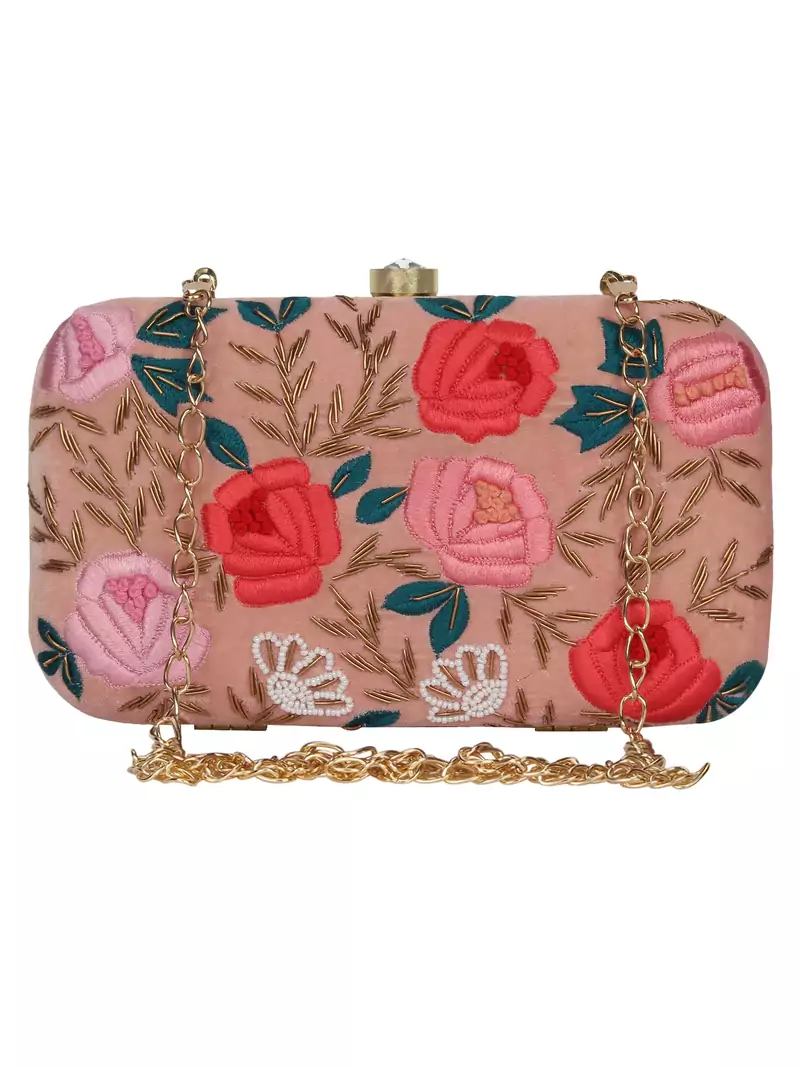 Anekaant Adorn Embroidered Velvet Clutch Peach & Multi