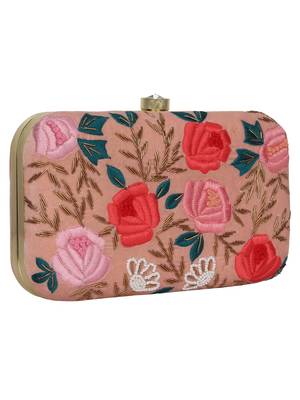 Adorn Embroidered Velvet Clutch Peach & Multi 2