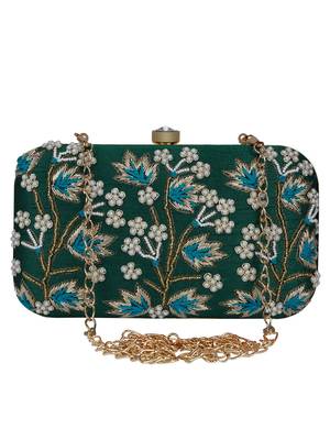 Anekaant Adorn Embroidered Faux Silk Clutch Green & Multi 1