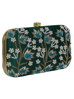 Anekaant Adorn Embroidered Faux Silk Clutch Green & Multi 2