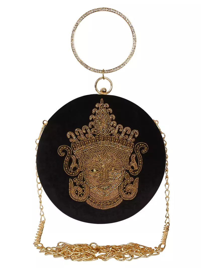 Anekaant Amman Embellished Velvet Round Clutch Black