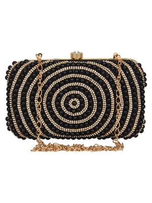 Anekaant Adorn Embellished Faux Silk Clutch Black & Gold 1