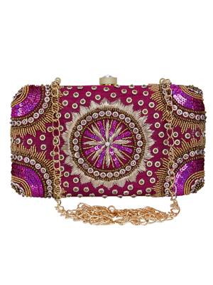 Anekaant Adorn Sequines Embellished Faux Silk Clutch Magenta Pink & Gold 1
