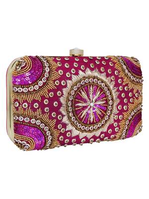 Anekaant Adorn Sequines Embellished Faux Silk Clutch Magenta Pink & Gold 2