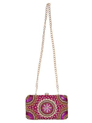 Anekaant Adorn Sequines Embellished Faux Silk Clutch Magenta Pink & Gold 4