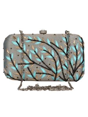 Anekaant Adorn Embroidered Faux Slik Clutch Grey & Blue 1
