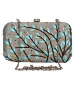 Anekaant Adorn Embroidered Faux Slik Clutch Grey & Blue