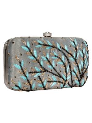 Anekaant Adorn Embroidered Faux Slik Clutch Grey & Blue 2