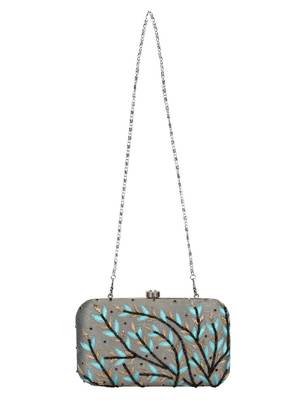 Anekaant Adorn Embroidered Faux Slik Clutch Grey & Blue 4