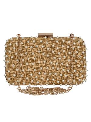 Anekaant Adorn Embellished Faux Slik Clutch Gold & Pearl 1