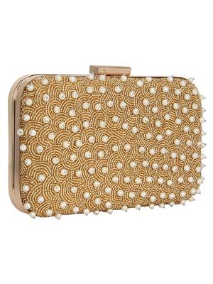 Anekaant Adorn Embellished Faux Slik Clutch Gold & Pearl 2