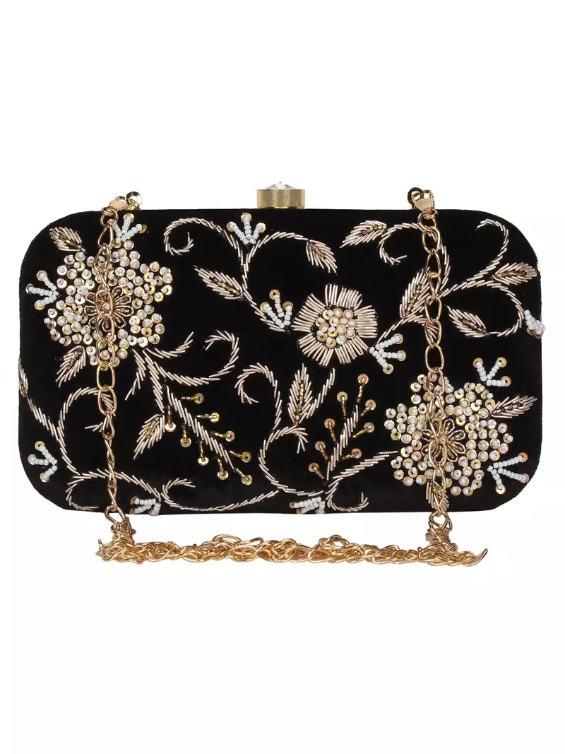 Anekaant Adorn Sequines Embellished Velvet Clutch Black & Gold