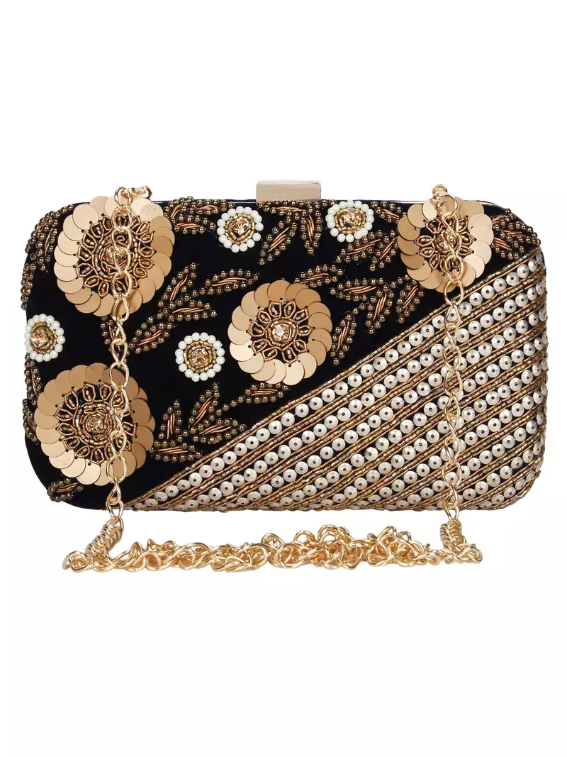 Anekaant Adorn Embellished Velvet Clutch Black & Antique
