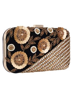 Anekaant Adorn Embellished Velvet Clutch Black & Antique 2