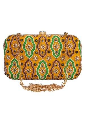 Anekaant Adorn Embroidered Faux Slik Clutch Yellow & Multi 1