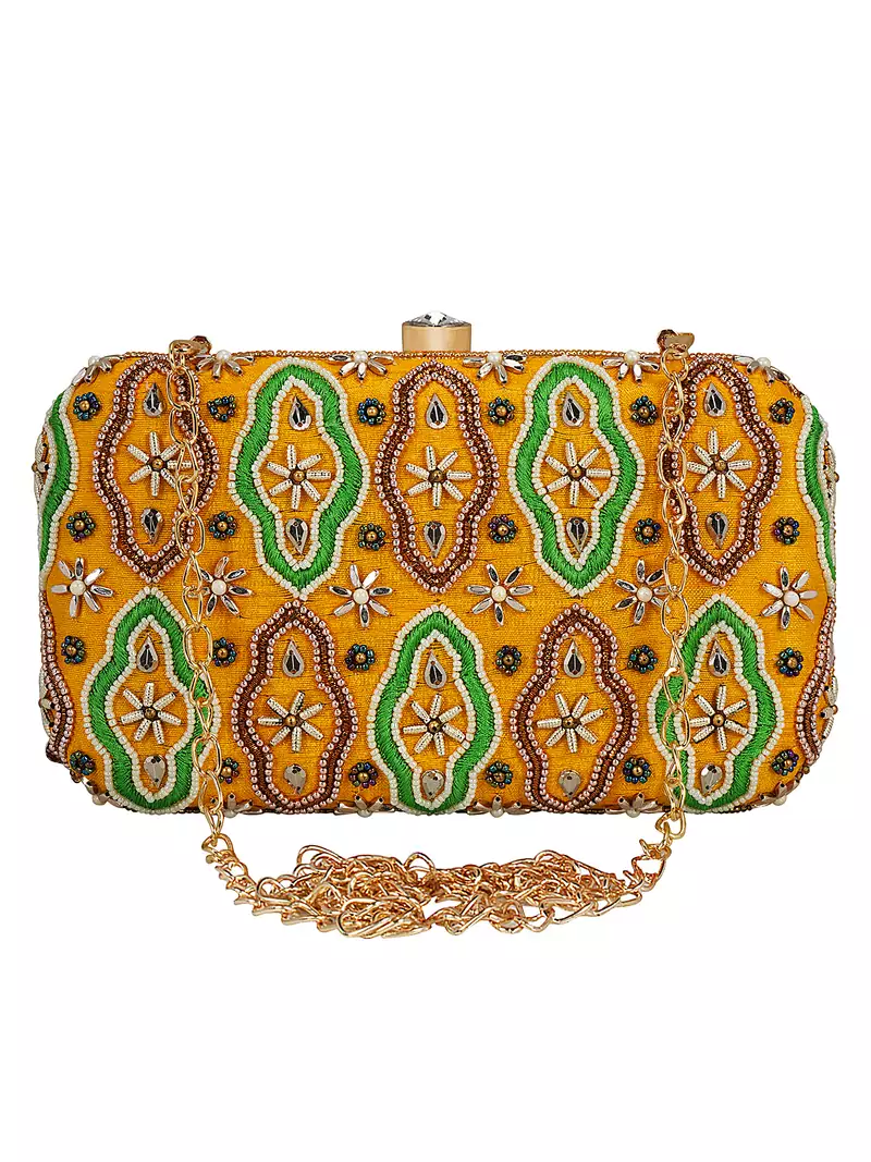 Anekaant Adorn Embroidered Faux Slik Clutch Yellow & Multi