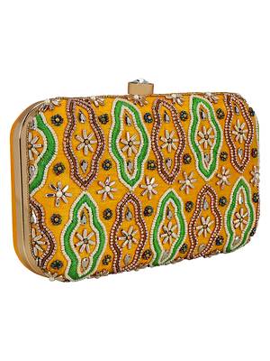 Anekaant Adorn Embroidered Faux Slik Clutch Yellow & Multi 2