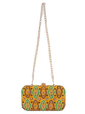 Anekaant Adorn Embroidered Faux Slik Clutch Yellow & Multi 4