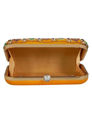 Anekaant Adorn Embroidered Faux Slik Clutch Yellow & Multi 5