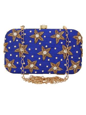 Anekaant Adorn Embellished Faux Slik Clutch Royal Blue & Gold 1