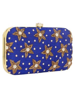 Anekaant Adorn Embellished Faux Slik Clutch Royal Blue & Gold 2