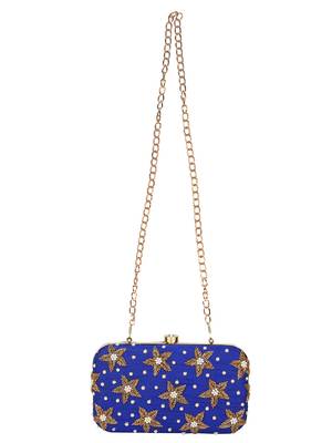 Anekaant Adorn Embellished Faux Slik Clutch Royal Blue & Gold 4