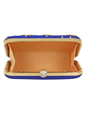 Anekaant Adorn Embellished Faux Slik Clutch Royal Blue & Gold 5
