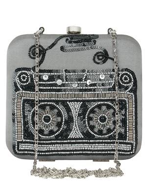 Anekaant Spiffy Sequines Embellished Faux Slik Box Clutch Grey & Black 1