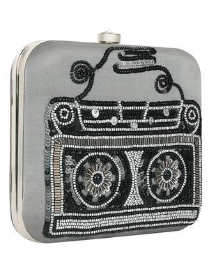 Anekaant Spiffy Sequines Embellished Faux Slik Box Clutch Grey & Black 2