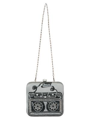 Anekaant Spiffy Sequines Embellished Faux Slik Box Clutch Grey & Black 4