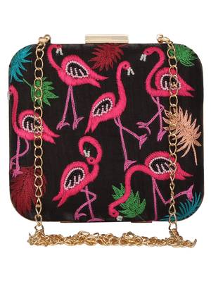 Anekaant Vista Embroidered Faux Slik Box Clutch Black & Multi 1