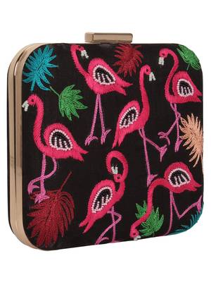 Anekaant Vista Embroidered Faux Slik Box Clutch Black & Multi 2