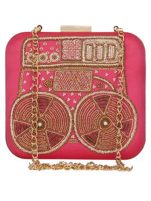 Anekaant Spiffy Embellished Faux Slik Clutch Fuschia Pink 1